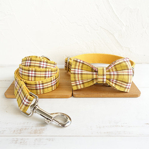 Yellow Plaid Dog Collar, Leash, and Bow Set